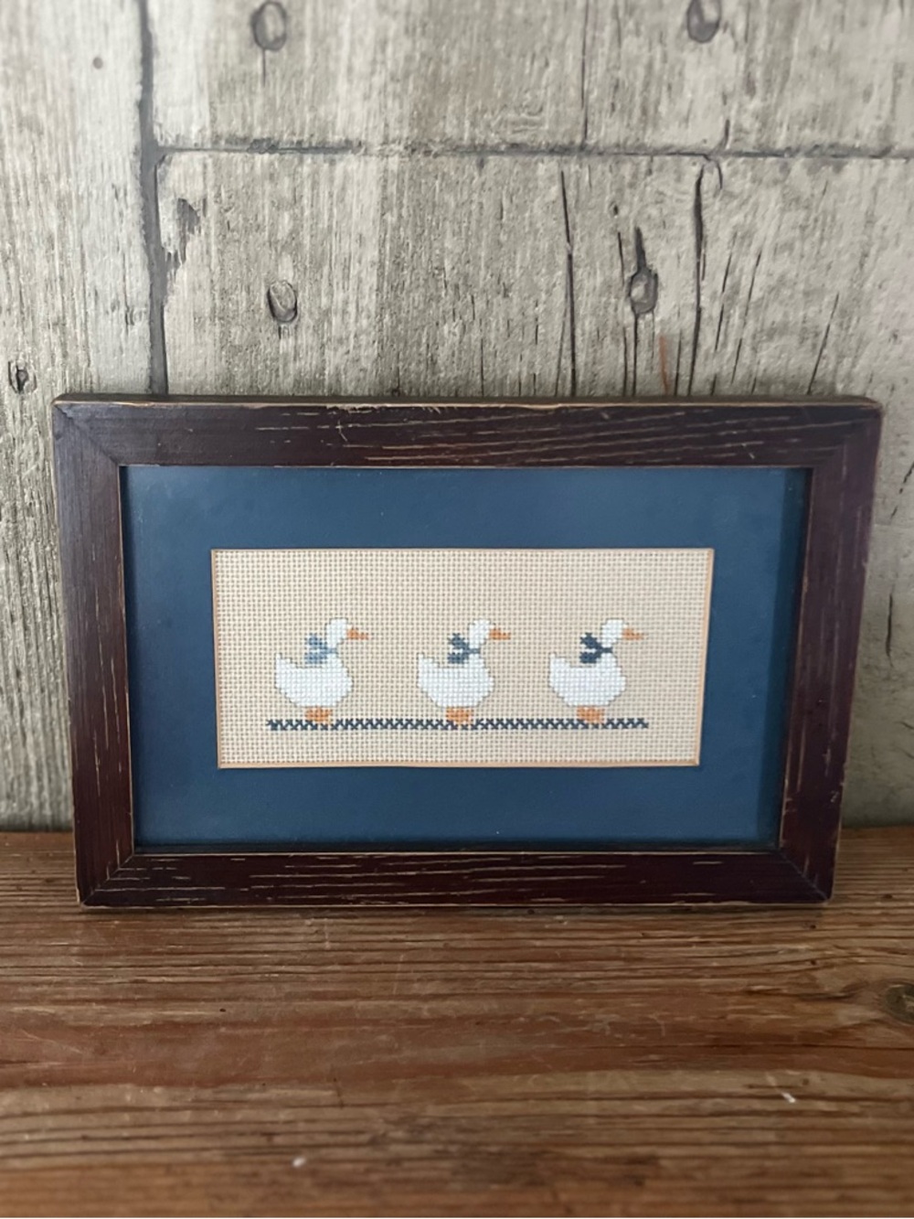 Vintage 1986 Framed Cross-Stitch Trio of White Ducks